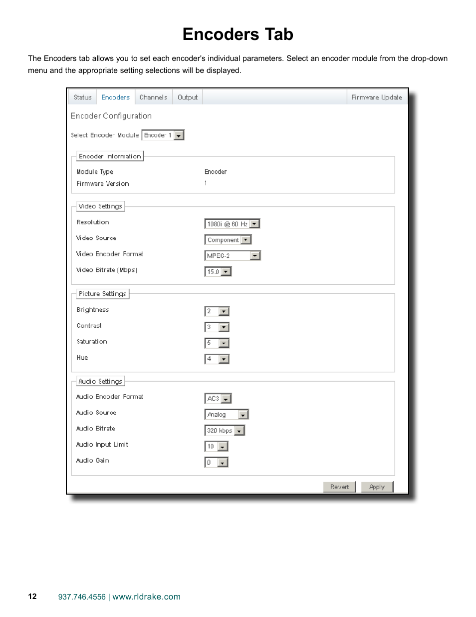 Encoders tab | Drake DSE2 Plus HD Encoder w/QAM Output User Manual | Page 12 / 20