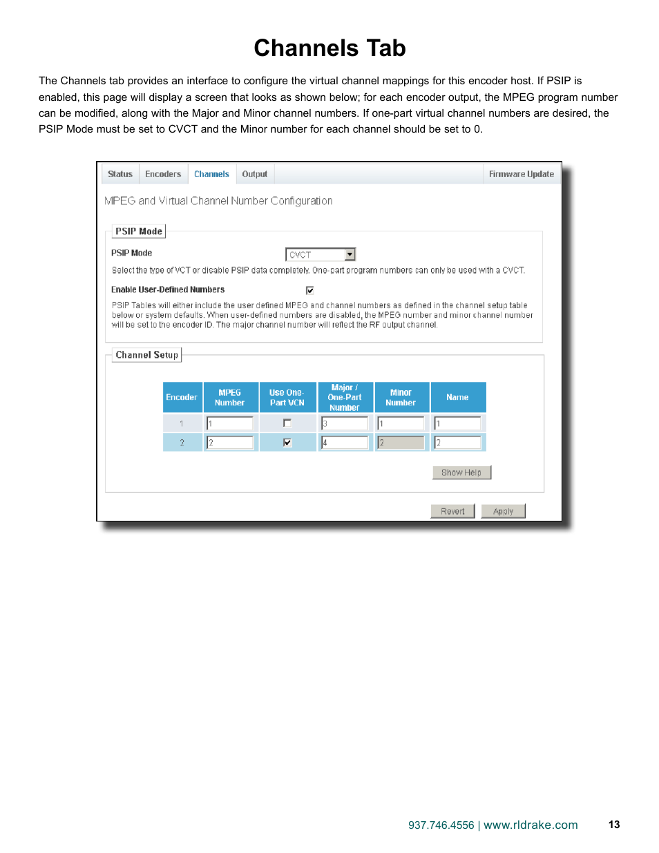 Channels tab | Drake DSE2 Plus HD Encoder w/QAM Output User Manual | Page 13 / 20