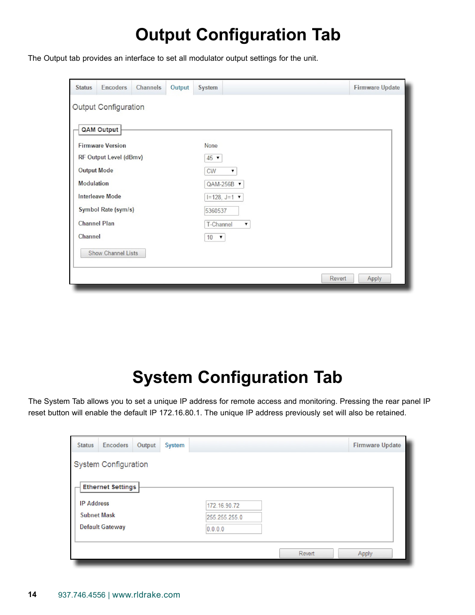 Output configuration tab system configuration tab | Drake DSE2 Plus HD Encoder w/QAM Output User Manual | Page 14 / 20