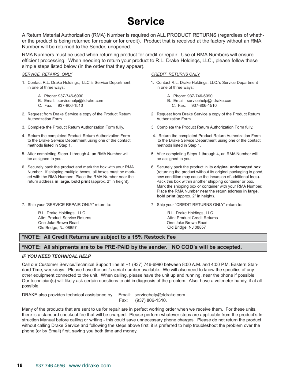 Service, Service / if you need to call for help | Drake DSE2 Plus HD Encoder w/QAM Output User Manual | Page 18 / 20