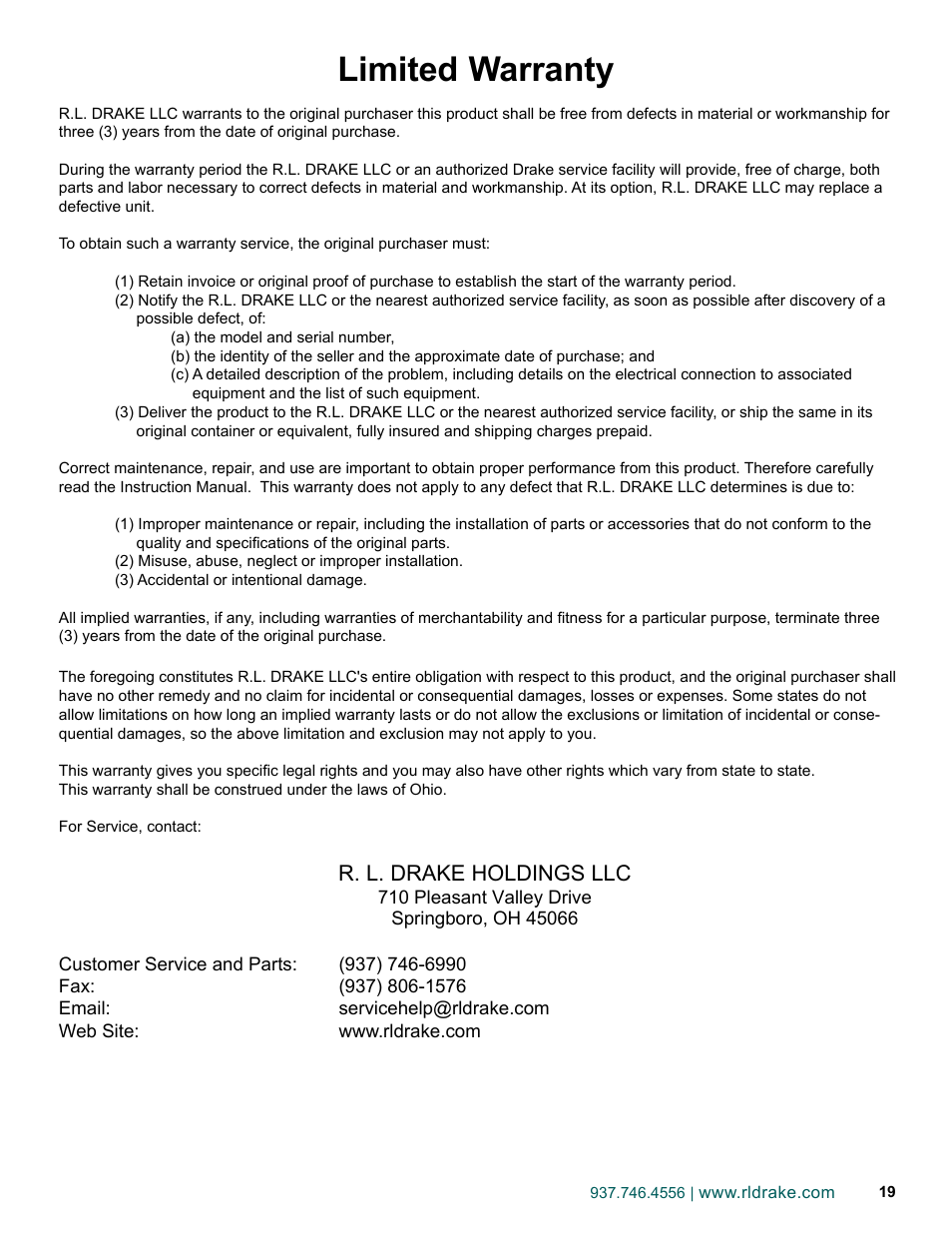 Limited warranty, R. l. drake holdings llc | Drake DSE2 Plus HD Encoder w/QAM Output User Manual | Page 19 / 20