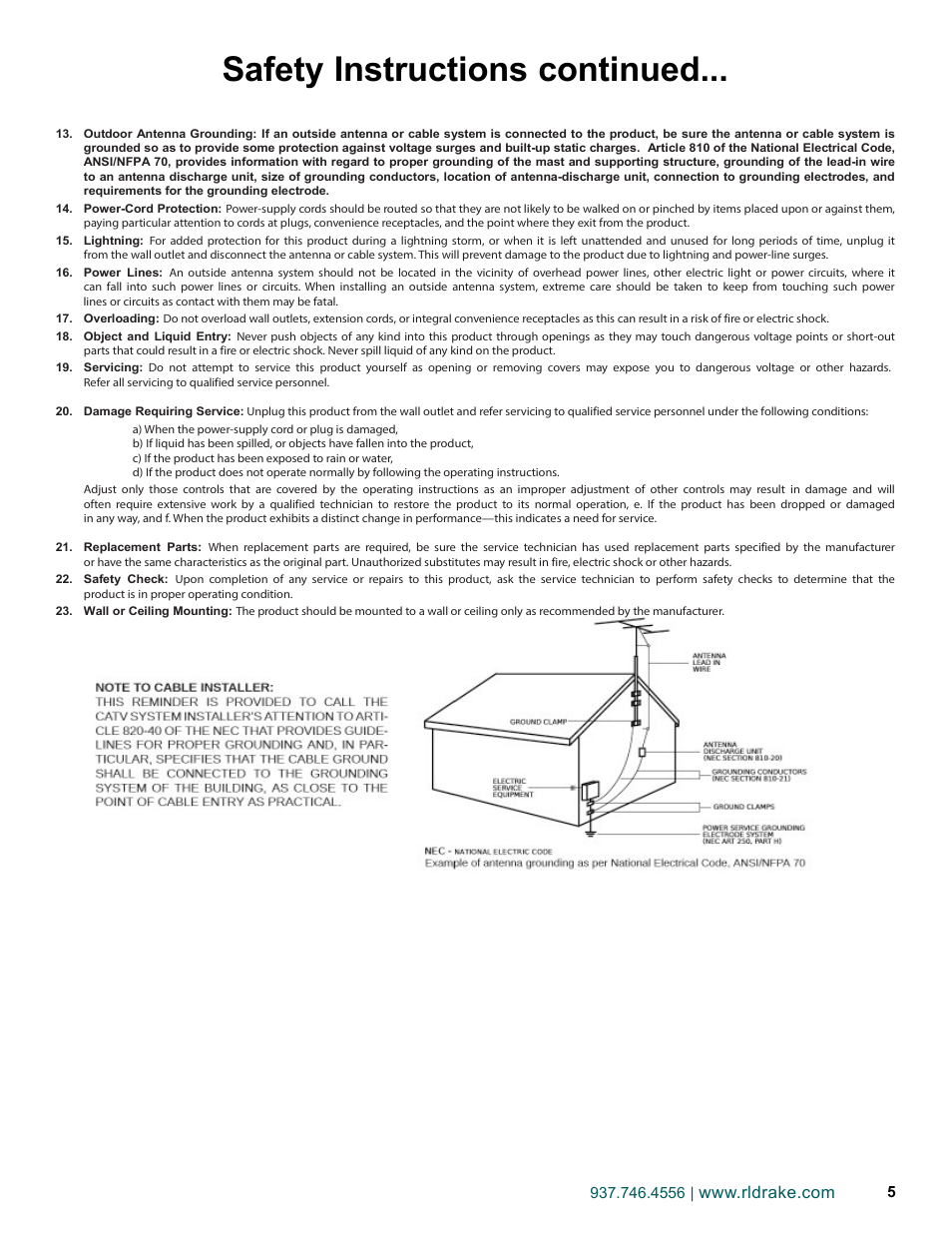 Safety instructions continued | Drake DSE2 Plus HD Encoder w/QAM Output User Manual | Page 5 / 20