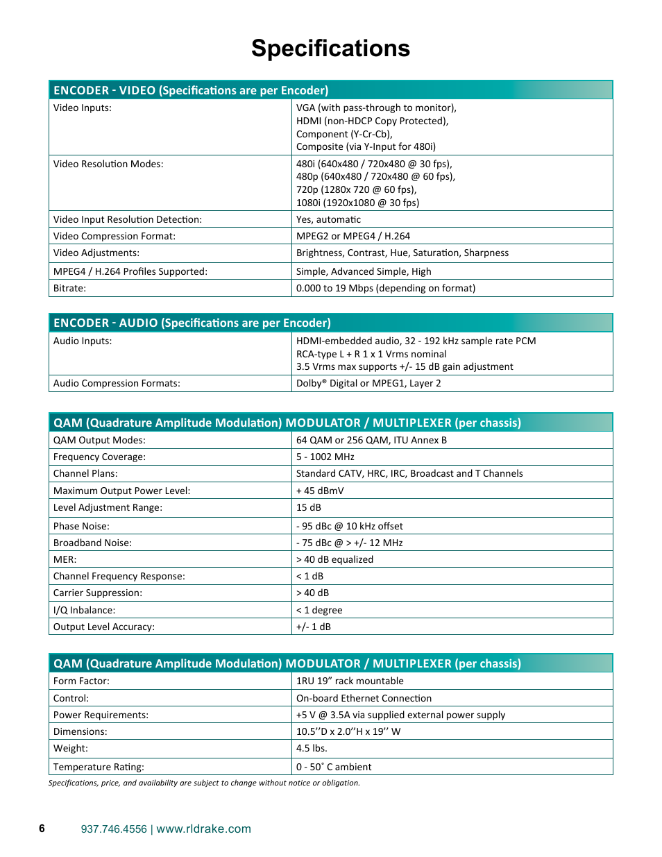 Specifications | Drake DSE2 Plus HD Encoder w/QAM Output User Manual | Page 6 / 20