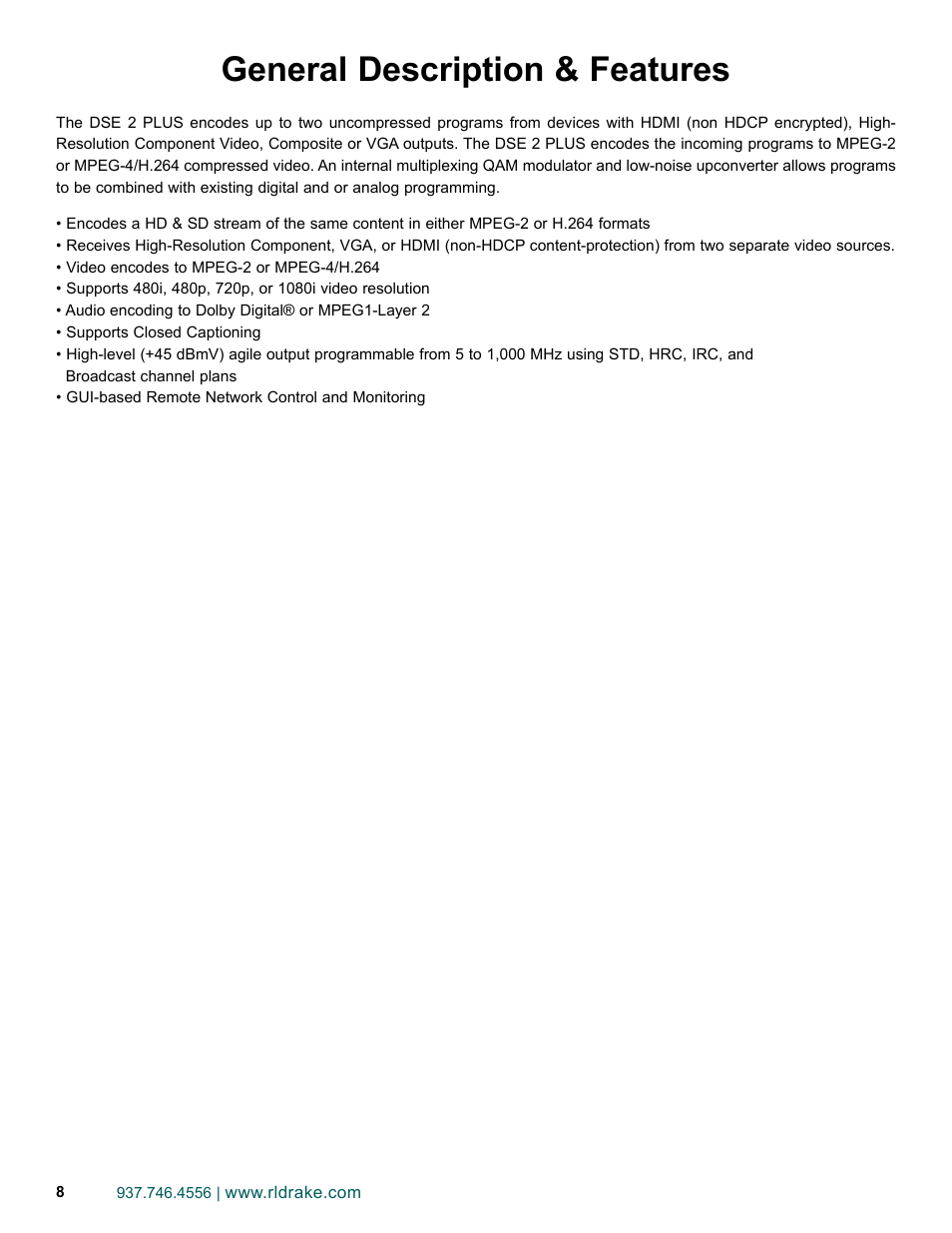 General description & features | Drake DSE2 Plus HD Encoder w/QAM Output User Manual | Page 8 / 20