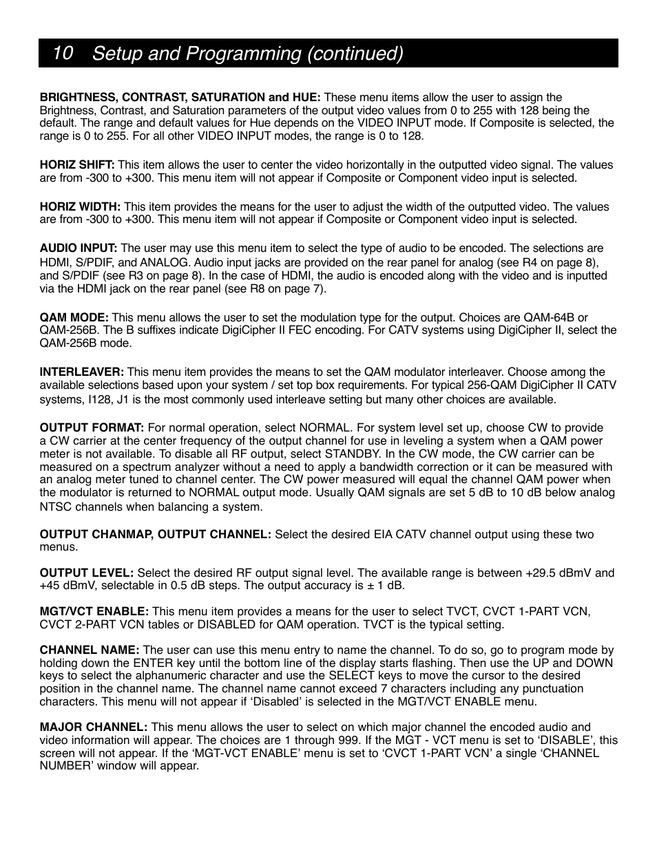 10 setup and programming (continued) | Drake DSE24 HD Video Encoder w/QAM output & CC User Manual | Page 10 / 20