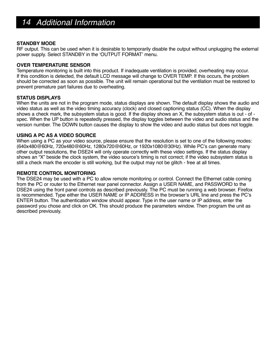 14 additional information | Drake DSE24 HD Video Encoder w/QAM output & CC User Manual | Page 14 / 20