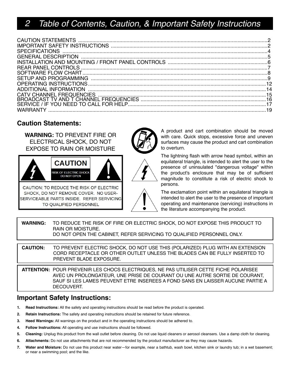Caution statements: important safety instructions | Drake DSE24 HD Video Encoder w/QAM output & CC User Manual | Page 2 / 20