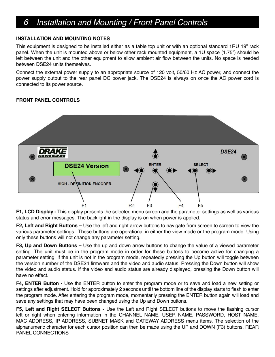 6 installation and mounting / front panel controls | Drake DSE24 HD Video Encoder w/QAM output & CC User Manual | Page 6 / 20