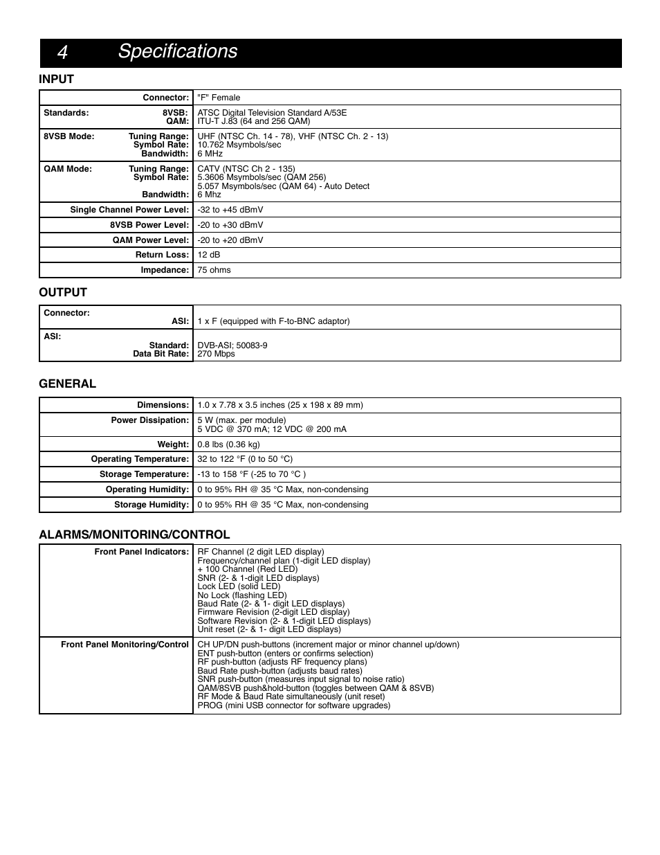 4specifications, Input, Output | General alarms/monitoring/control | Drake DTS860 Digital Demodulator ASI Output Only User Manual | Page 4 / 12