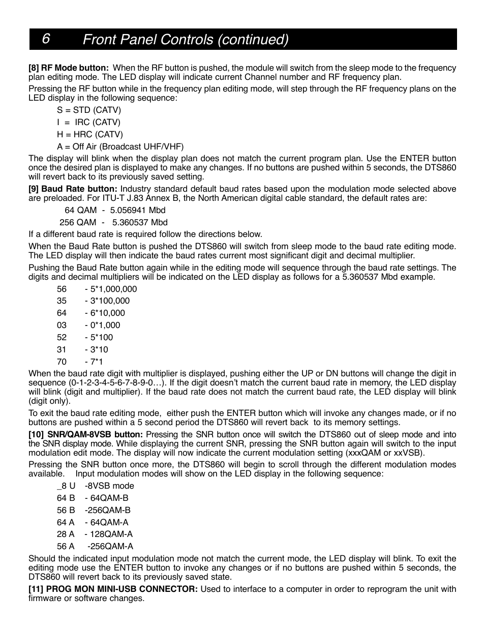 Front panel controls (continued) | Drake DTS860 Digital Demodulator ASI Output Only User Manual | Page 6 / 12