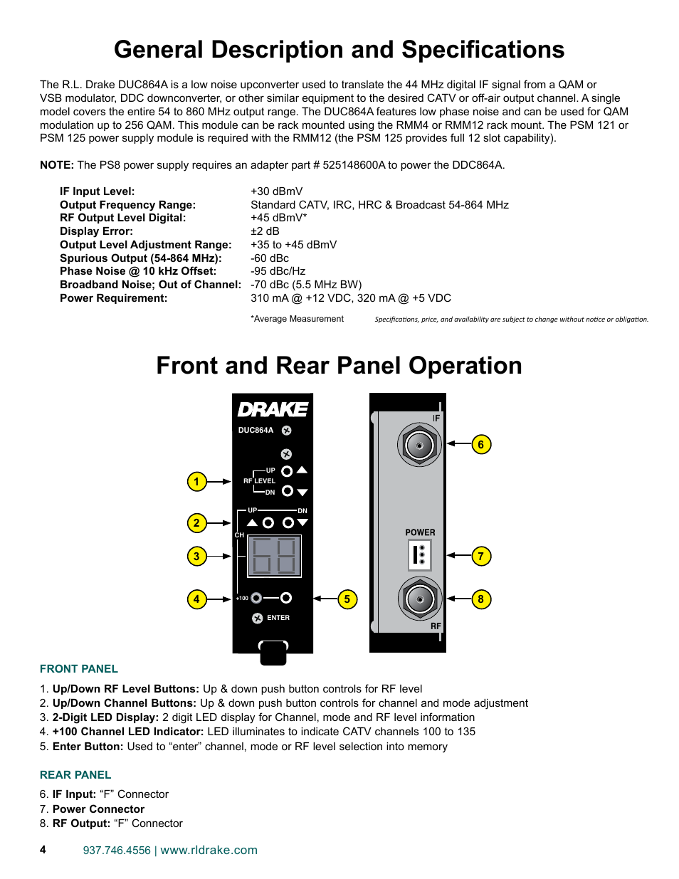 General description and specifications, Front and rear panel operation | Drake DUC864A Digital Up-Converter User Manual | Page 4 / 8