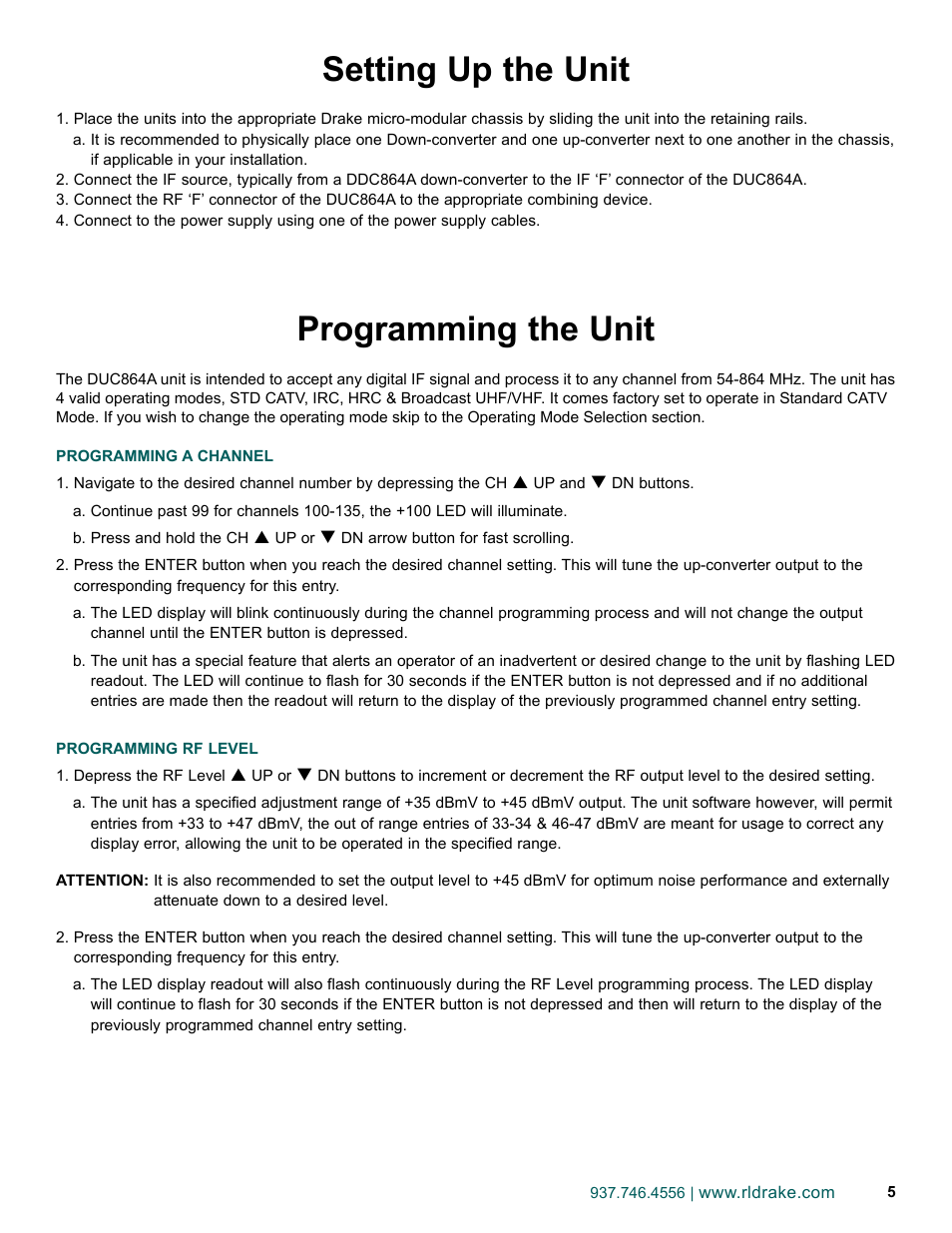 Setting up the unit, Programming the unit | Drake DUC864A Digital Up-Converter User Manual | Page 5 / 8