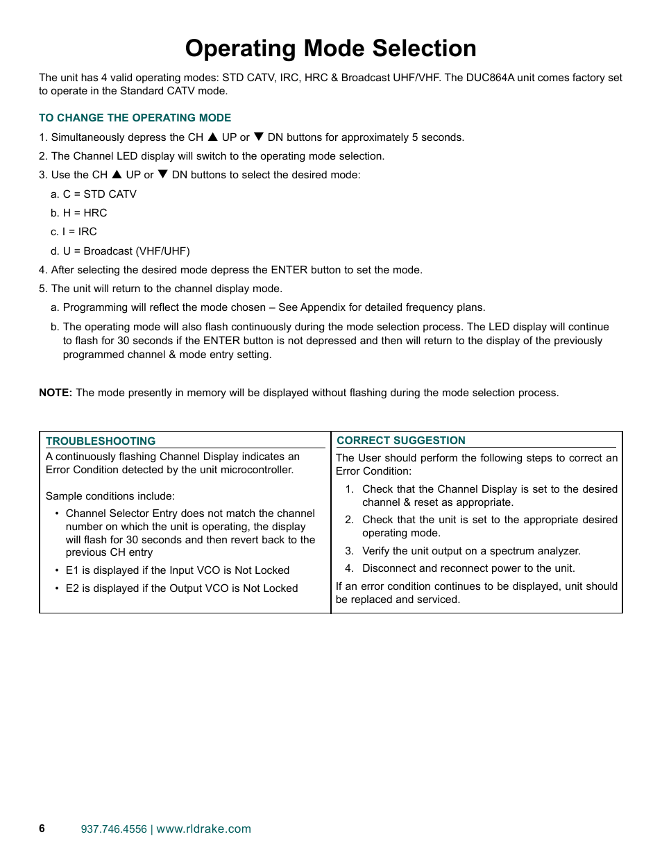 Operating mode selection | Drake DUC864A Digital Up-Converter User Manual | Page 6 / 8