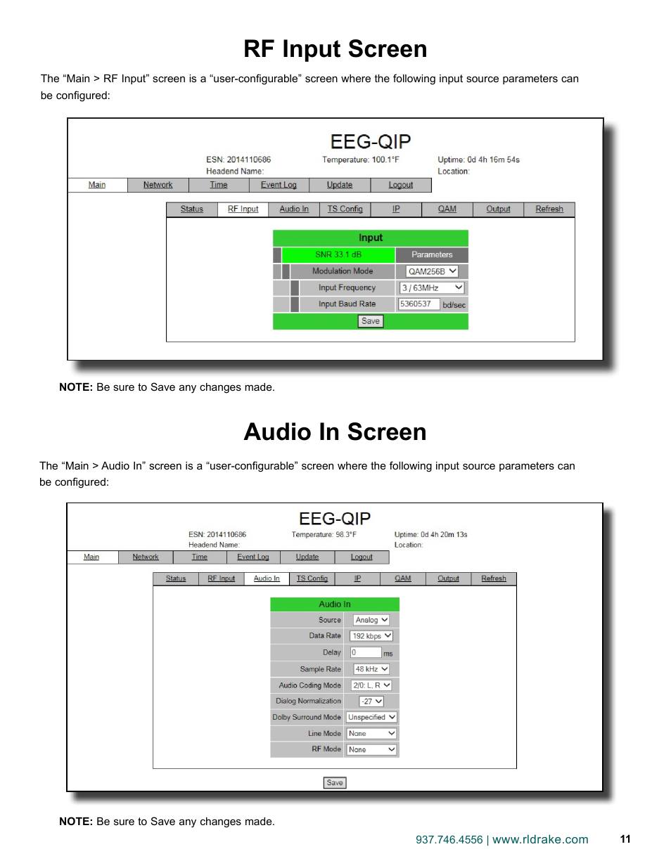 Rf input screen audio in screen | Drake EEG-QIP Enterprise Edge Guide with QAM and IP Input / CHIC Software User Manual | Page 11 / 32