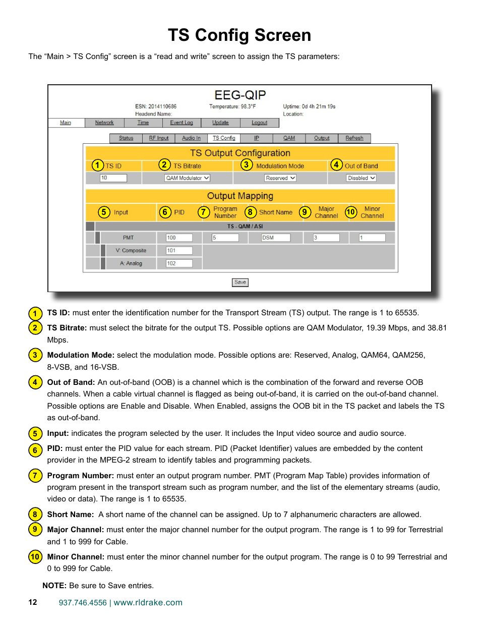 Ts config screen | Drake EEG-QIP Enterprise Edge Guide with QAM and IP Input / CHIC Software User Manual | Page 12 / 32
