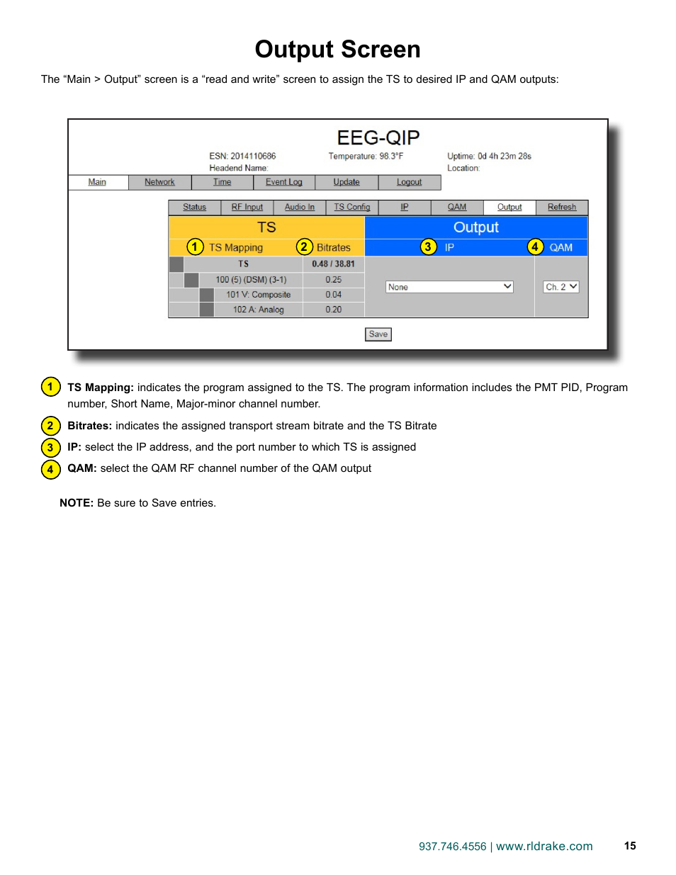 Output screen | Drake EEG-QIP Enterprise Edge Guide with QAM and IP Input / CHIC Software User Manual | Page 15 / 32