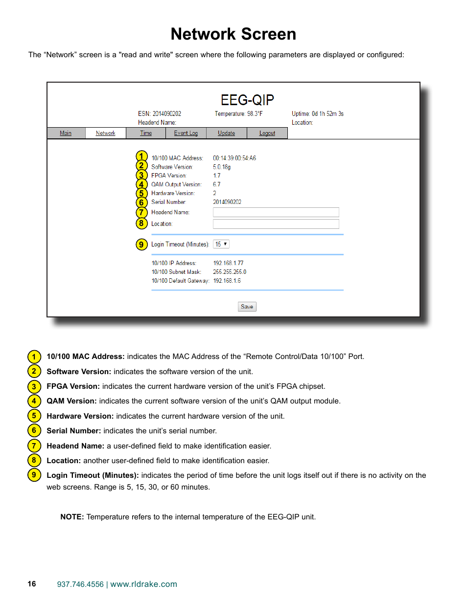 Network screen | Drake EEG-QIP Enterprise Edge Guide with QAM and IP Input / CHIC Software User Manual | Page 16 / 32