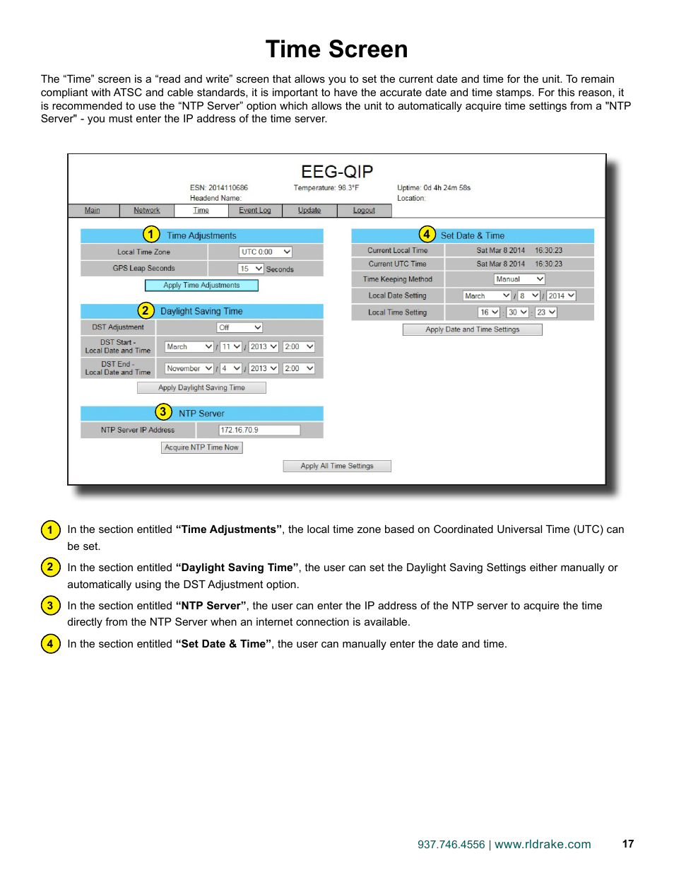 Time screen | Drake EEG-QIP Enterprise Edge Guide with QAM and IP Input / CHIC Software User Manual | Page 17 / 32