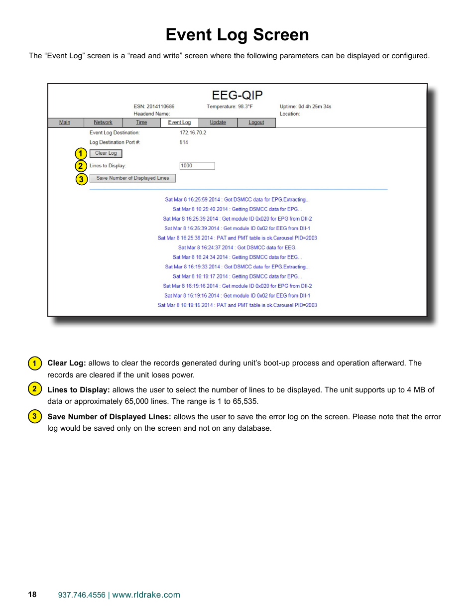 Event log screen | Drake EEG-QIP Enterprise Edge Guide with QAM and IP Input / CHIC Software User Manual | Page 18 / 32