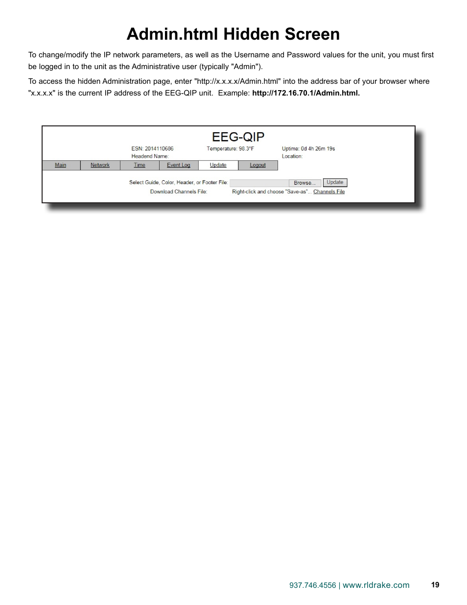 Admin.html hidden screen | Drake EEG-QIP Enterprise Edge Guide with QAM and IP Input / CHIC Software User Manual | Page 19 / 32