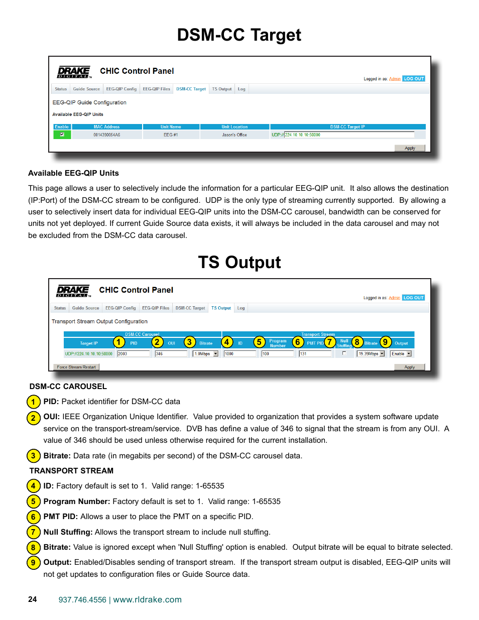 Dsm-cc target, Ts output | Drake EEG-QIP Enterprise Edge Guide with QAM and IP Input / CHIC Software User Manual | Page 24 / 32