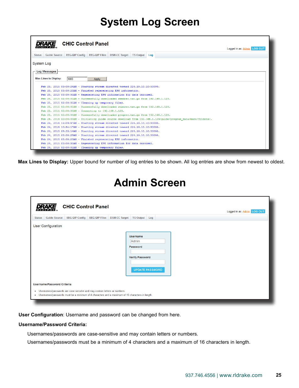 System log screen, Admin screen | Drake EEG-QIP Enterprise Edge Guide with QAM and IP Input / CHIC Software User Manual | Page 25 / 32