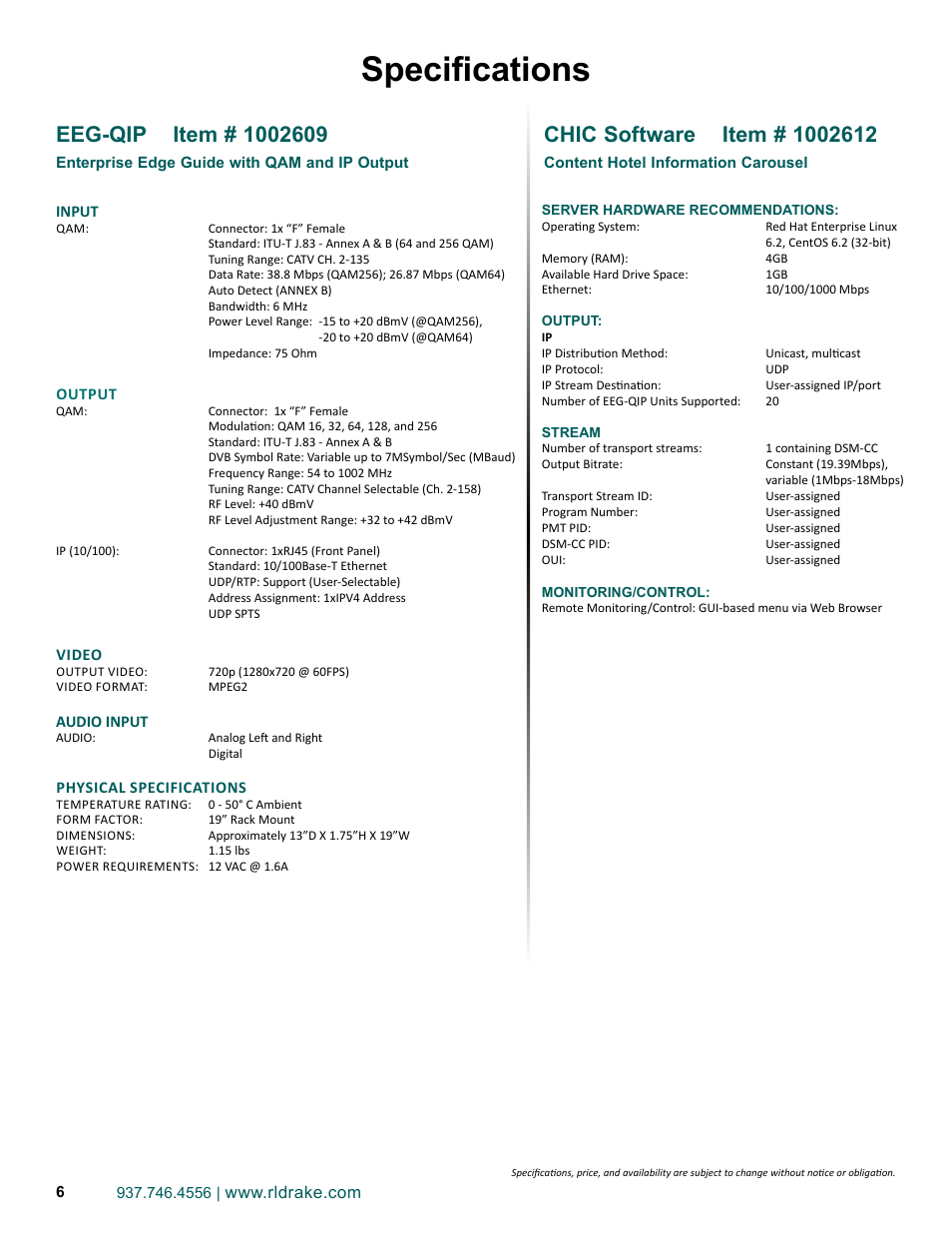 Specifications | Drake EEG-QIP Enterprise Edge Guide with QAM and IP Input / CHIC Software User Manual | Page 6 / 32