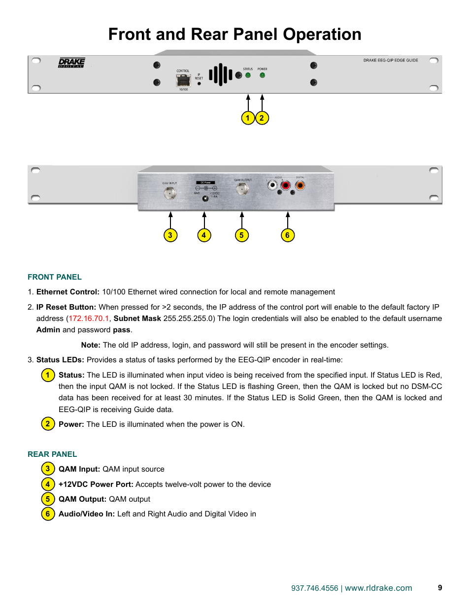 Front and rear panel operation | Drake EEG-QIP Enterprise Edge Guide with QAM and IP Input / CHIC Software User Manual | Page 9 / 32