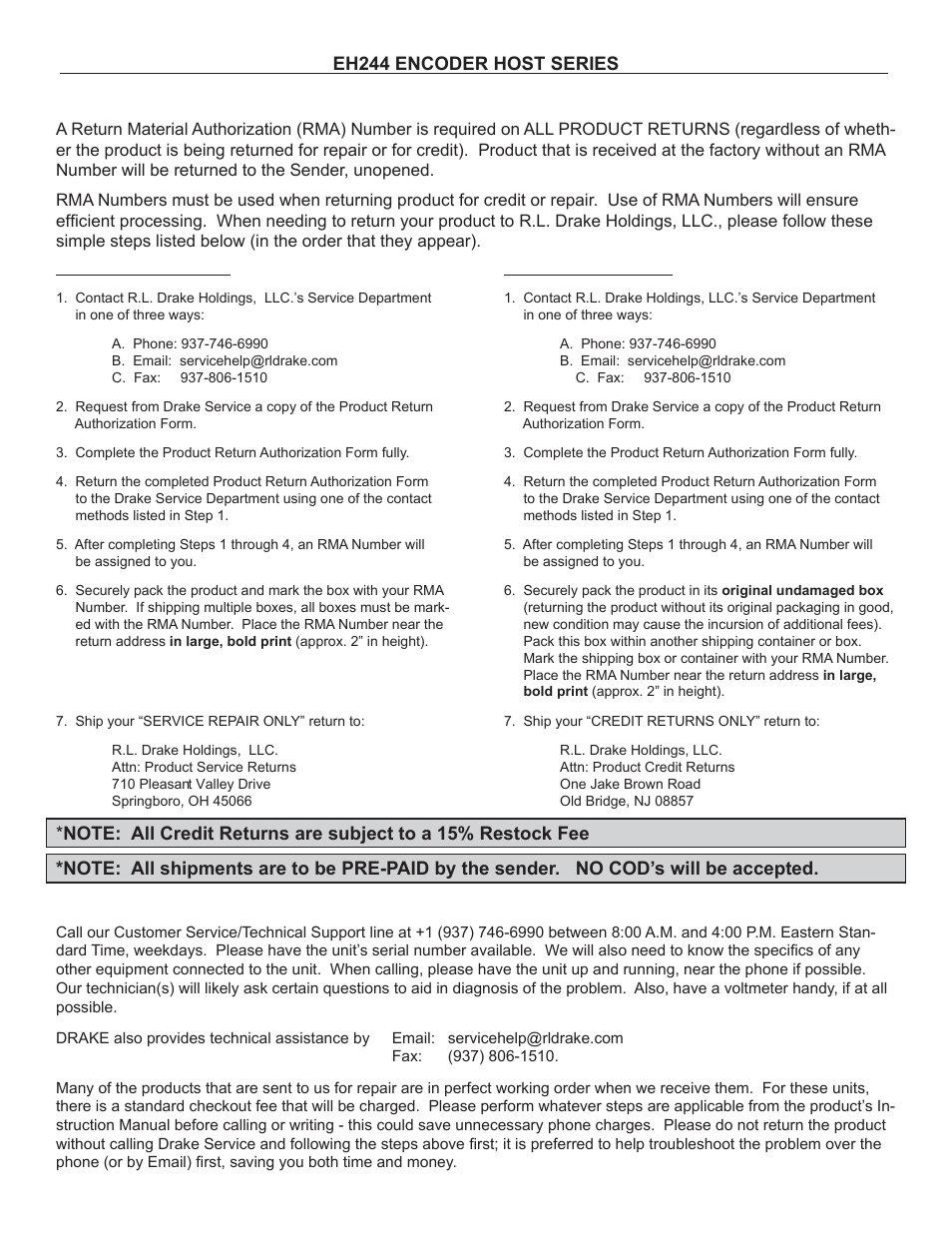 Drake EH244 SERIES User Manual | Page 19 / 20