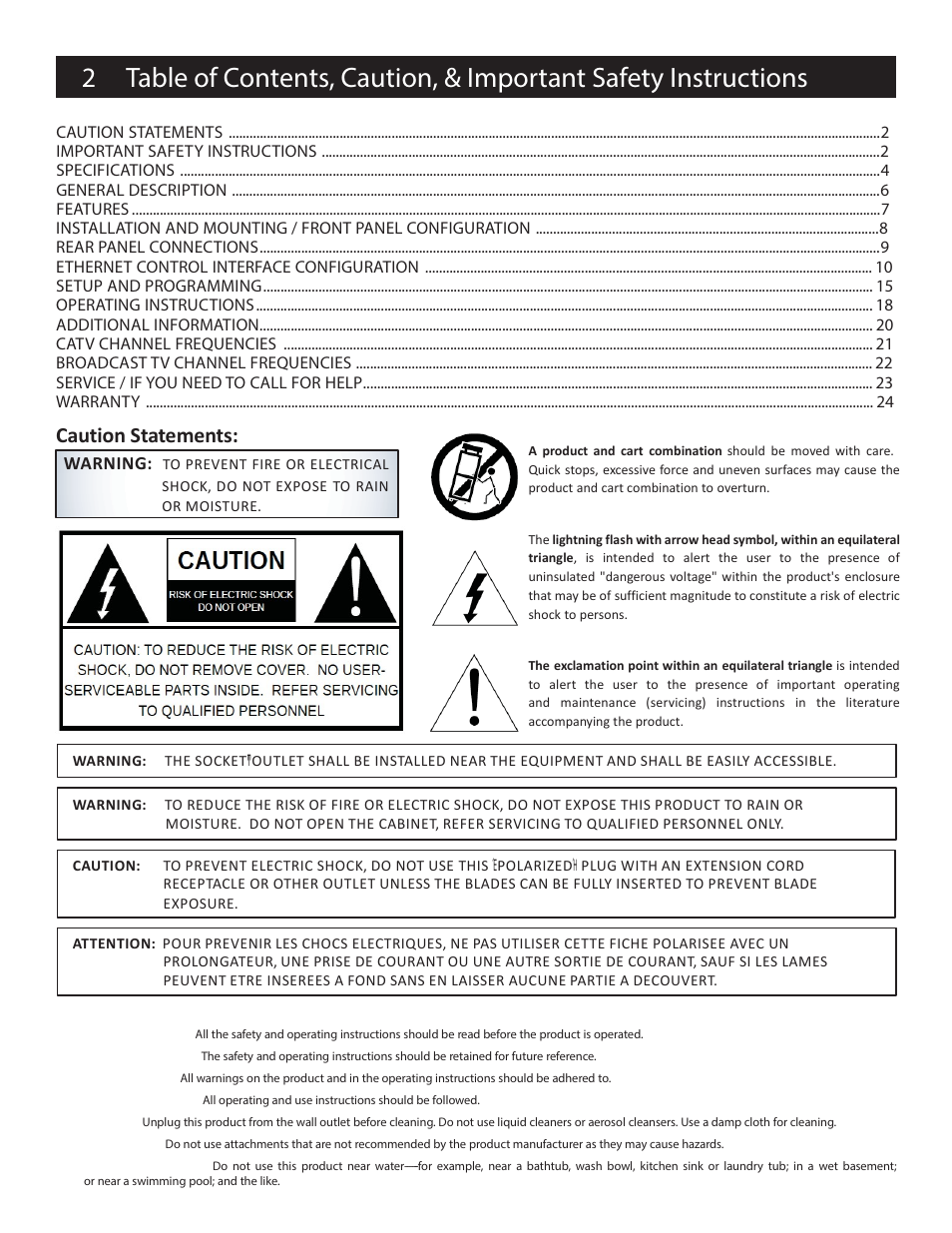 Caution statements, Important safety instructions | Drake EH24A/EH24A ASI User Manual | Page 2 / 26