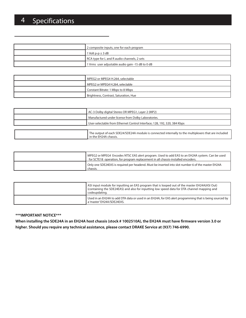 4specifications | Drake EH24A/EH24A ASI User Manual | Page 4 / 26