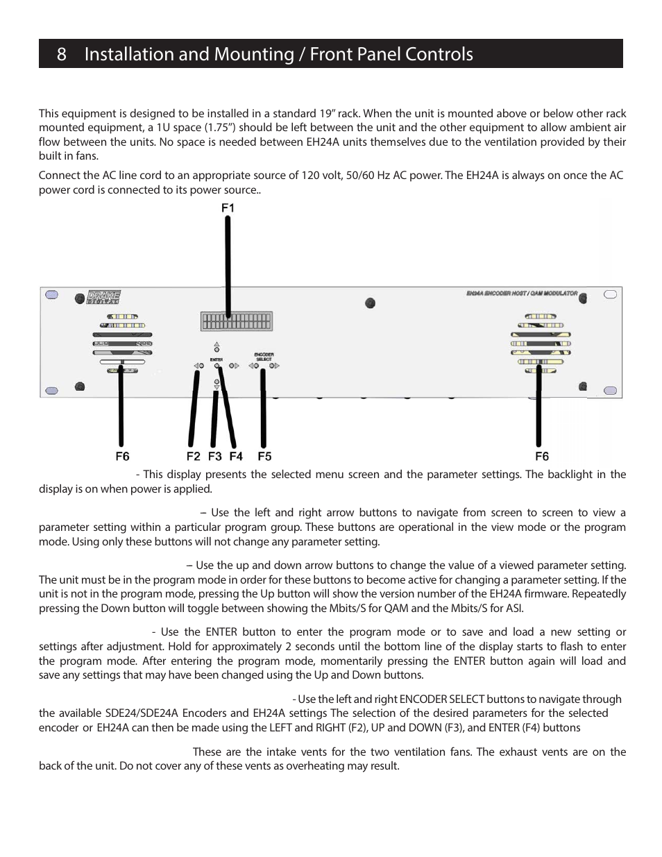 8installation and mounting / front panel controls | Drake EH24A/EH24A ASI User Manual | Page 8 / 26