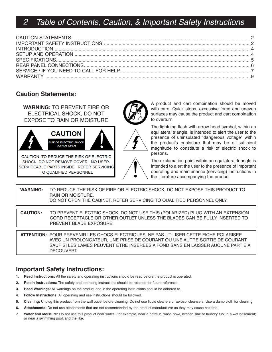 Caution statements: important safety instructions | Drake HDE24A High Definition Video Encoder User Manual | Page 2 / 12