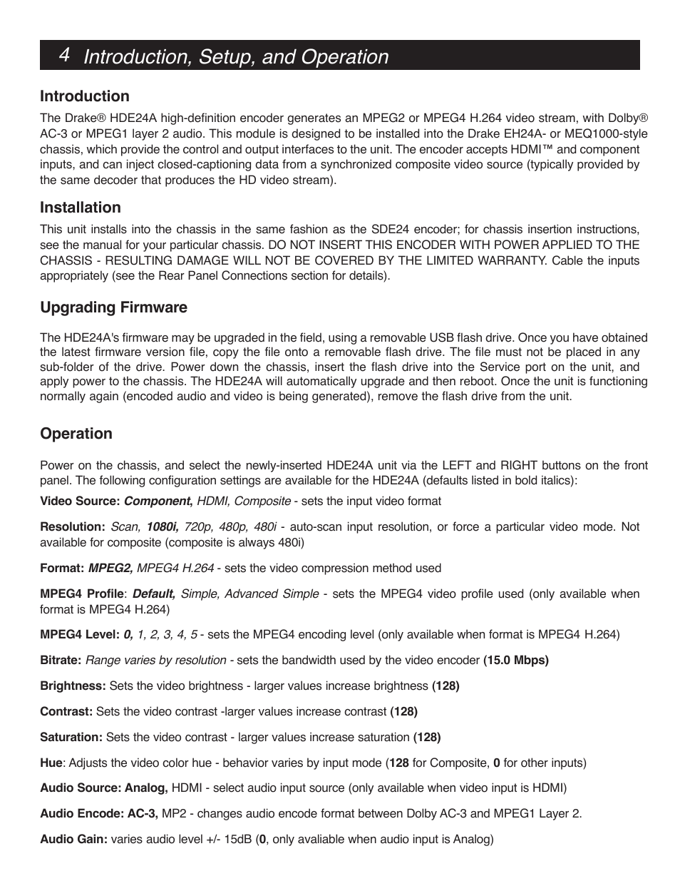 4 introduction, setup, and operation | Drake HDE24A High Definition Video Encoder User Manual | Page 4 / 12