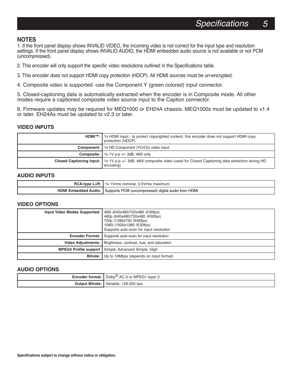 Specifications | Drake HDE24A High Definition Video Encoder User Manual | Page 5 / 12