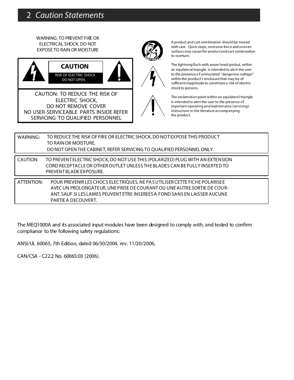 2 caution statements, Caution | Drake MEQ1000A Multiplexing Hybrid QAM Modulator User Manual | Page 2 / 20