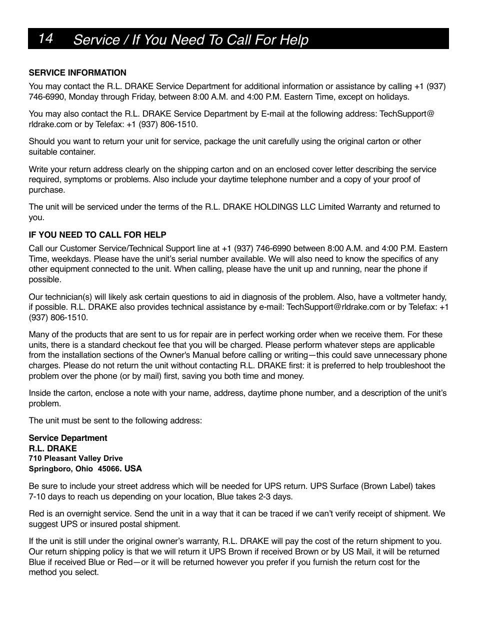 14 service / if you need to call for help | Drake MQM6000L Multiplexing QAM Modulator User Manual | Page 14 / 20