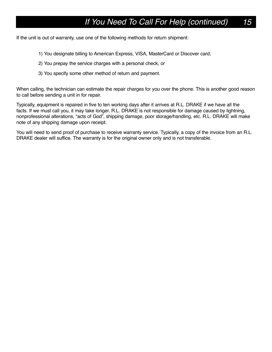 15 if you need to call for help (continued) | Drake MQM6000L Multiplexing QAM Modulator User Manual | Page 15 / 20