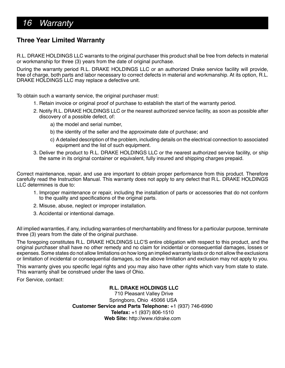 Warranty, Three year limited warranty | Drake MQM6000L Multiplexing QAM Modulator User Manual | Page 16 / 20