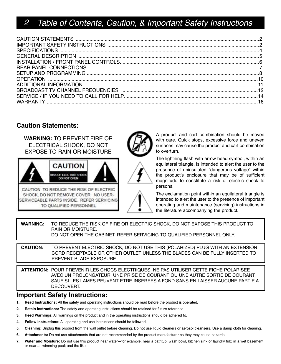 Caution statements: important safety instructions | Drake MQM6000L Multiplexing QAM Modulator User Manual | Page 2 / 20