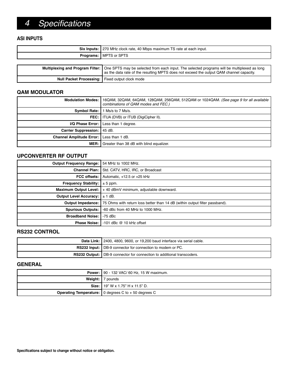 Specifications, Rs232 control, Asi inputs qam modulator general | Upconverter rf output | Drake MQM6000L Multiplexing QAM Modulator User Manual | Page 4 / 20