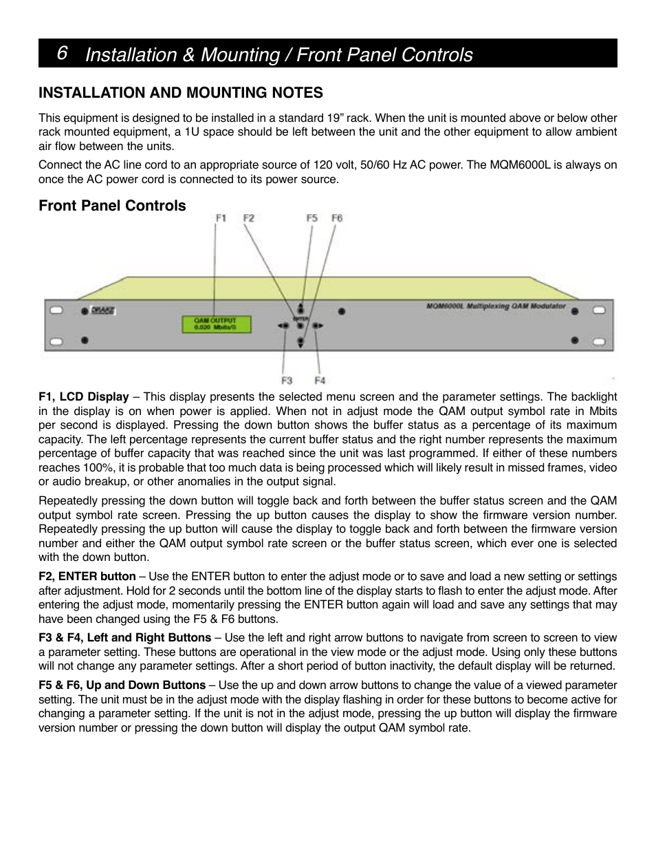 6 installation & mounting / front panel controls | Drake MQM6000L Multiplexing QAM Modulator User Manual | Page 6 / 20