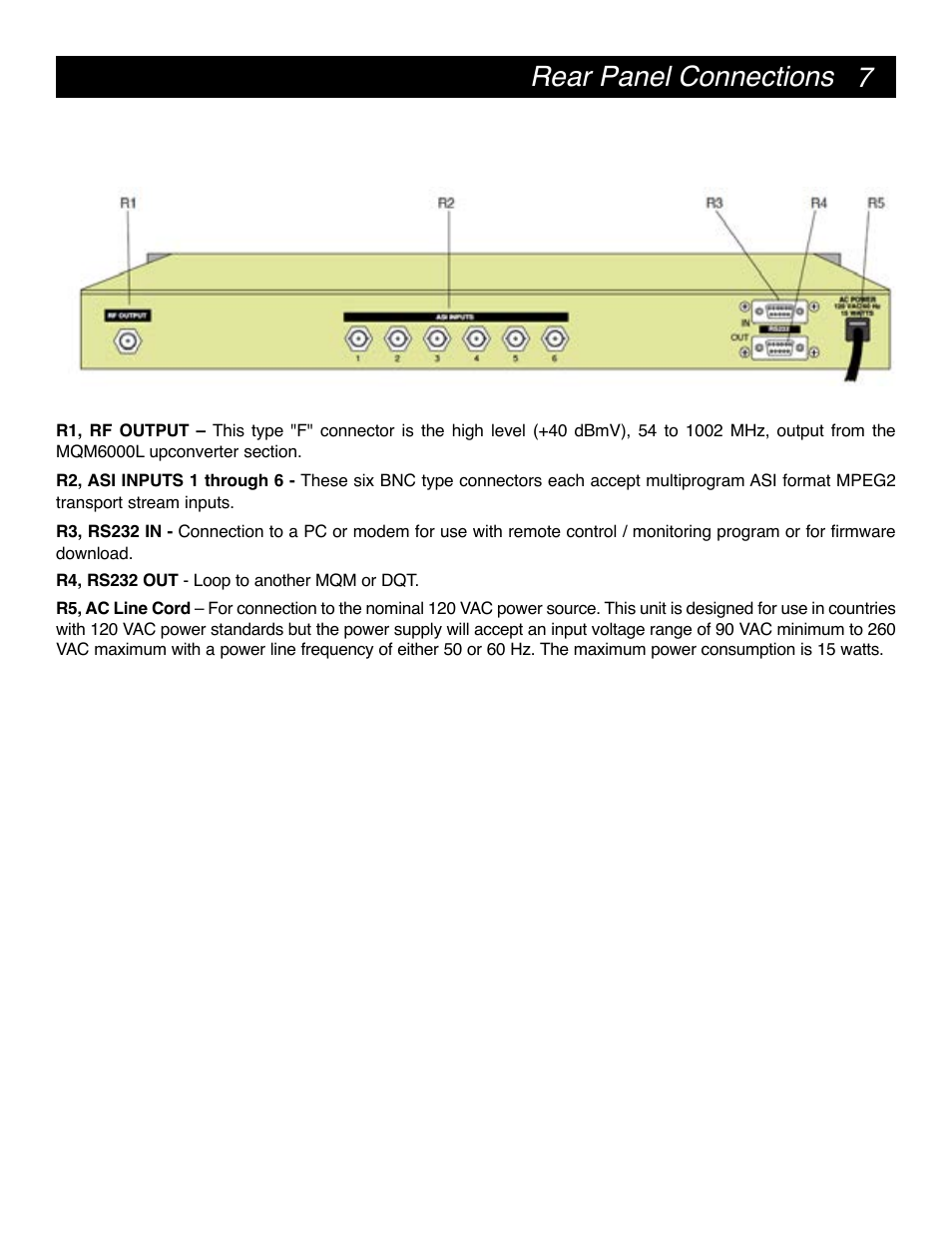 7rear panel connections | Drake MQM6000L Multiplexing QAM Modulator User Manual | Page 7 / 20