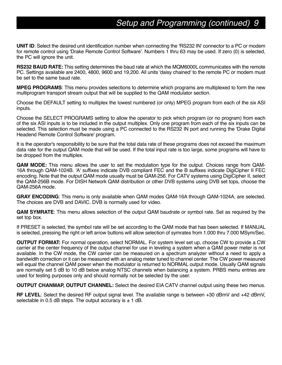 Setup and programming (continued) | Drake MQM6000L Multiplexing QAM Modulator User Manual | Page 9 / 20