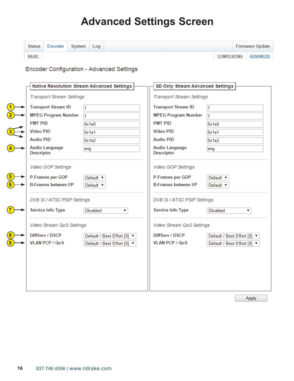 Advanced settings screen | Drake PEG-NE24 Encoder User Manual | Page 16 / 24