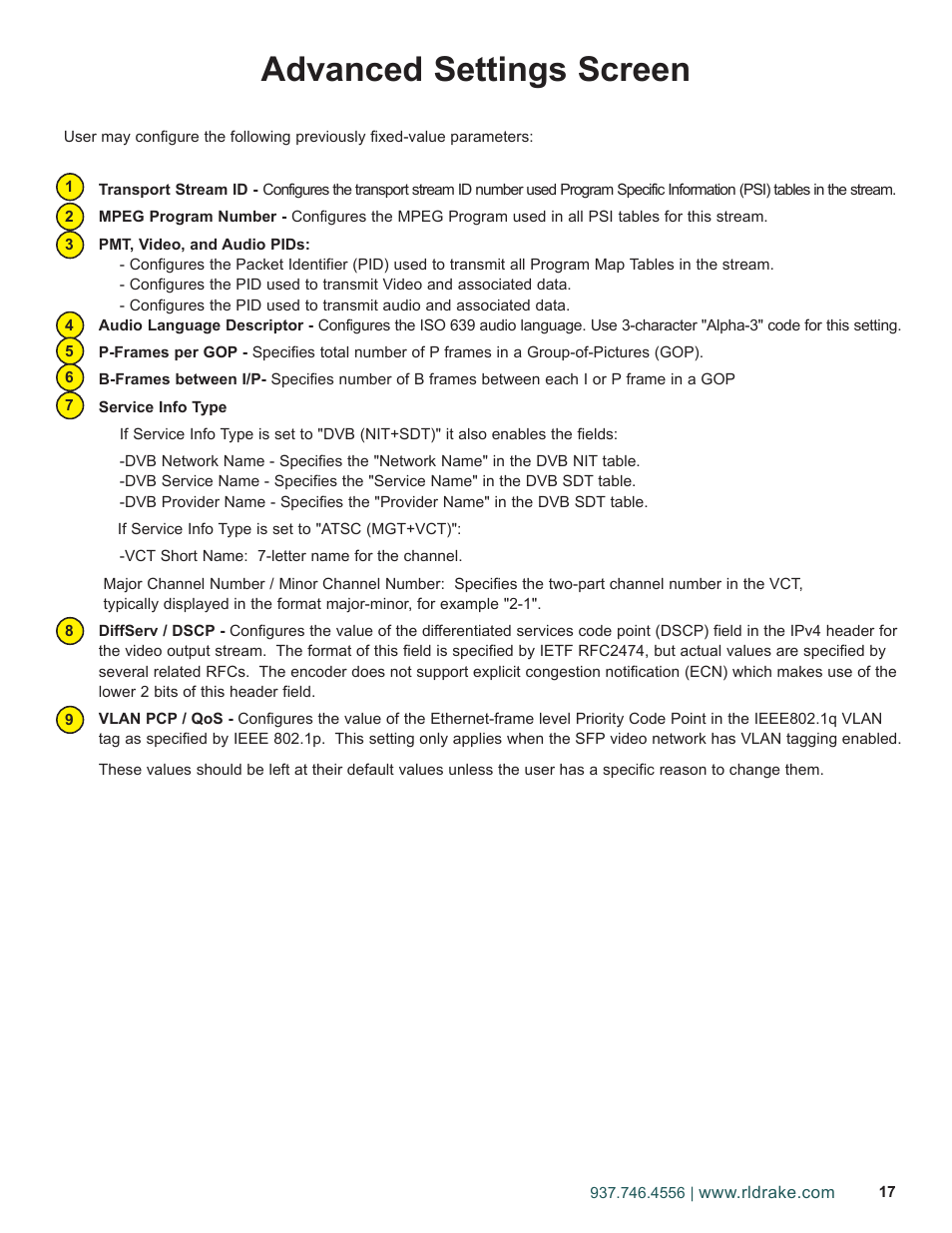 Advanced settings screen | Drake PEG-NE24 Encoder User Manual | Page 17 / 24