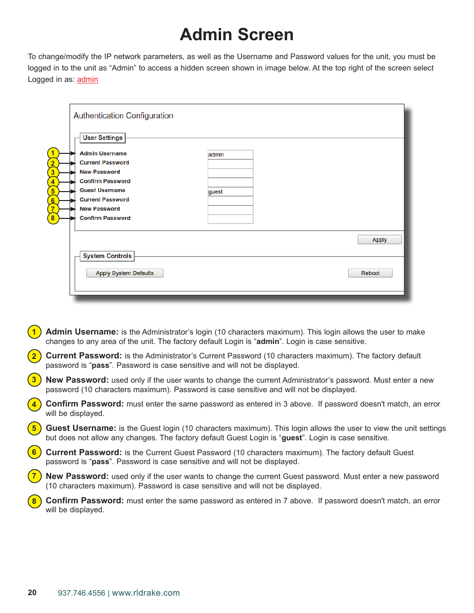 Admin screen | Drake PEG-NE24 Encoder User Manual | Page 20 / 24