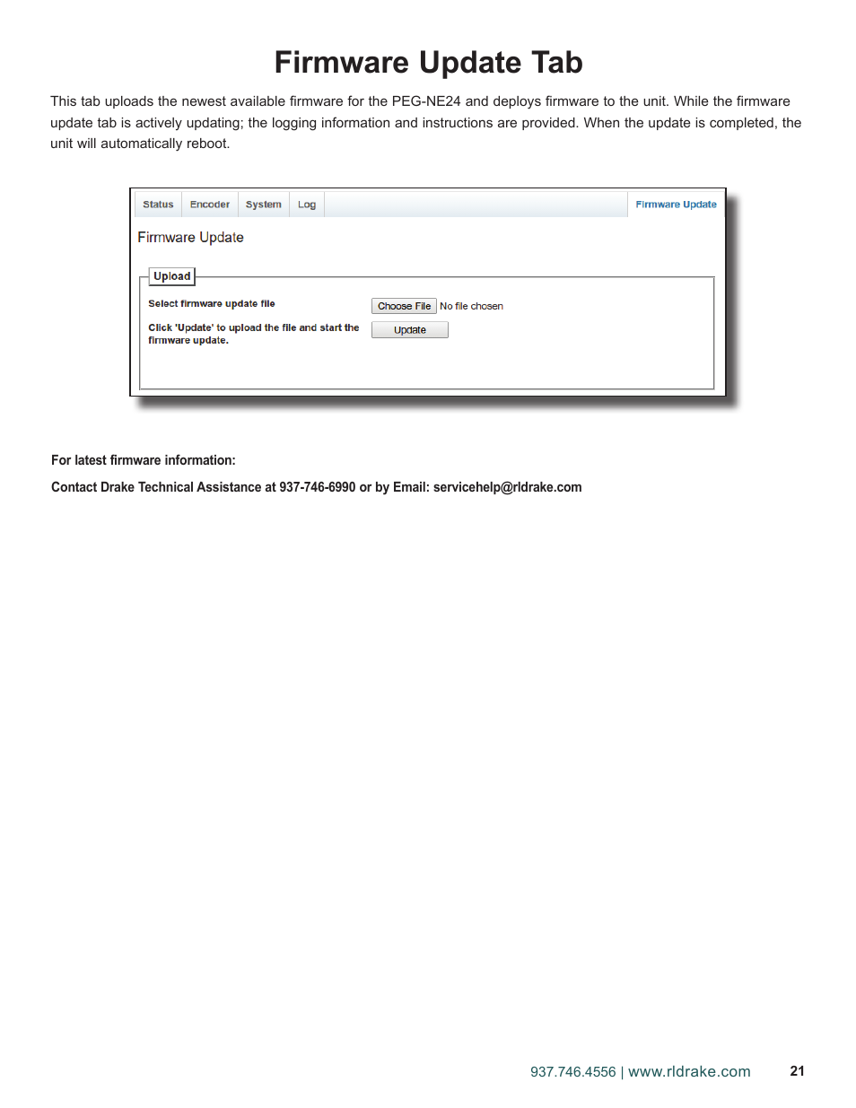 Firmware update tab | Drake PEG-NE24 Encoder User Manual | Page 21 / 24