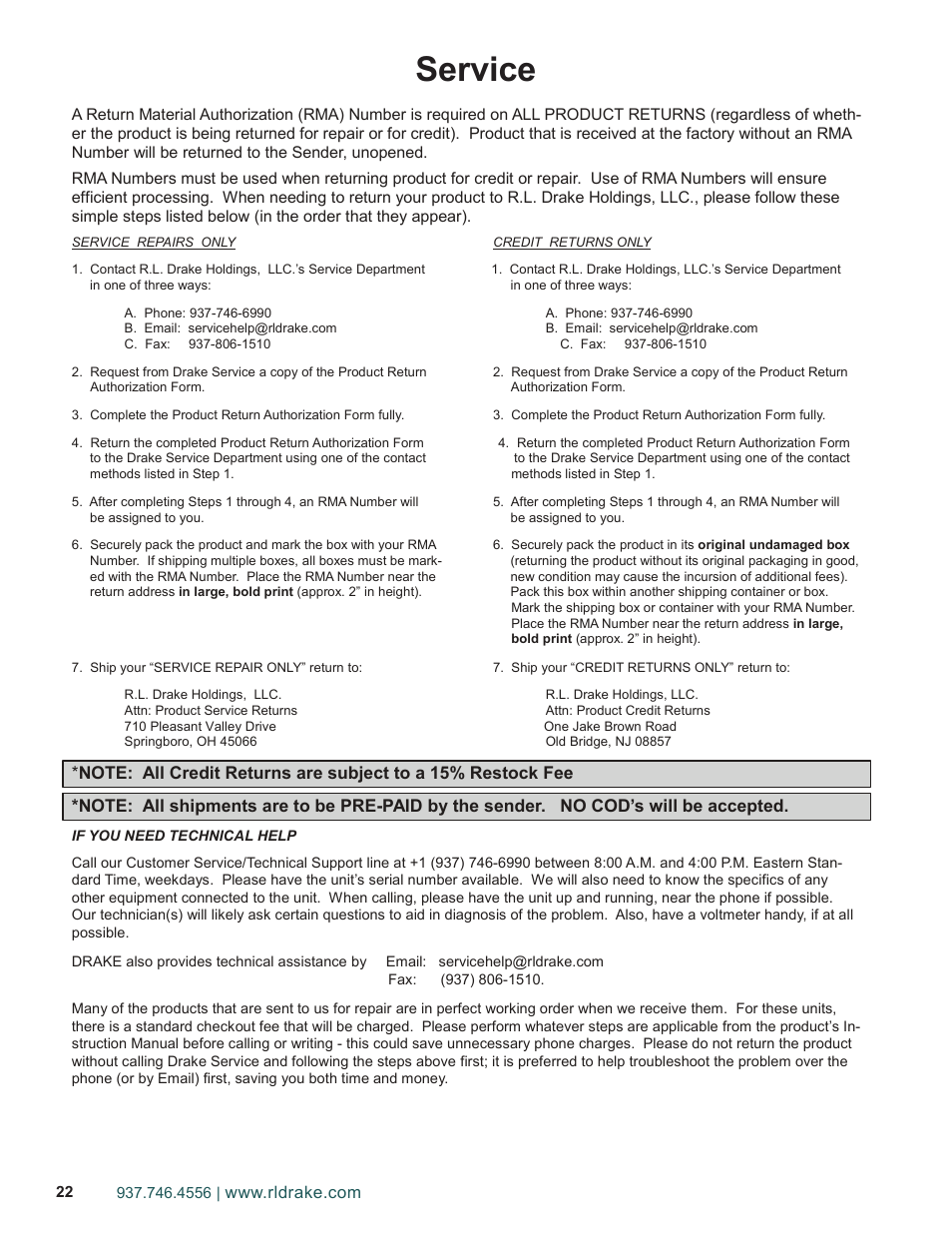 Service, Service / if you need to call for help | Drake PEG-NE24 Encoder User Manual | Page 22 / 24