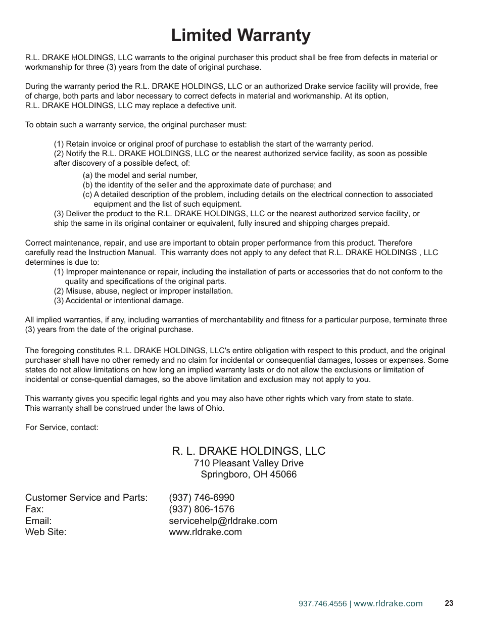 Limited warranty, R. l. drake holdings, llc | Drake PEG-NE24 Encoder User Manual | Page 23 / 24